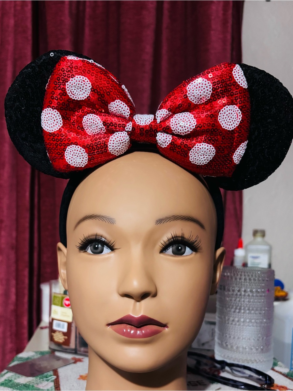 Disney Red Sequin Polka Dot Minnie Headband with Black Ears